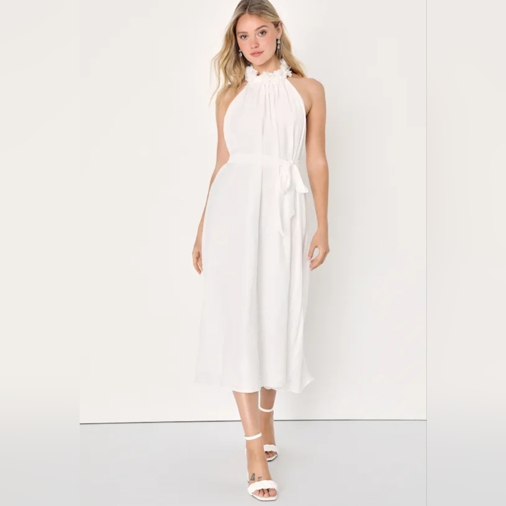 Lulus Angelic Outlook White 3D Floral Halter Shift Midi Dress‎ Womens Size Small